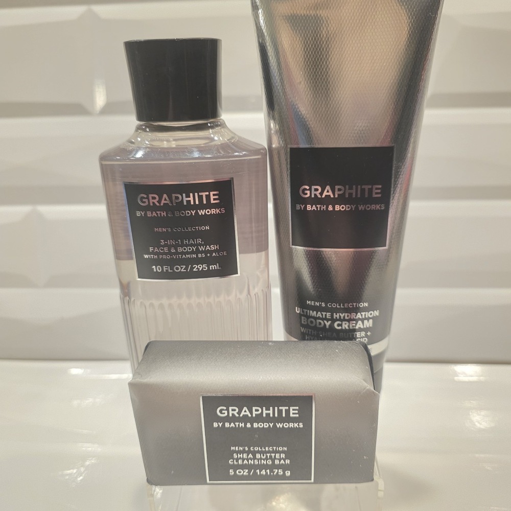 Bath & Body Work Men's-Graphite 3 Pc set 3-1 Hair Face & Body, Body Cream & Soap - Picture 2 of 8